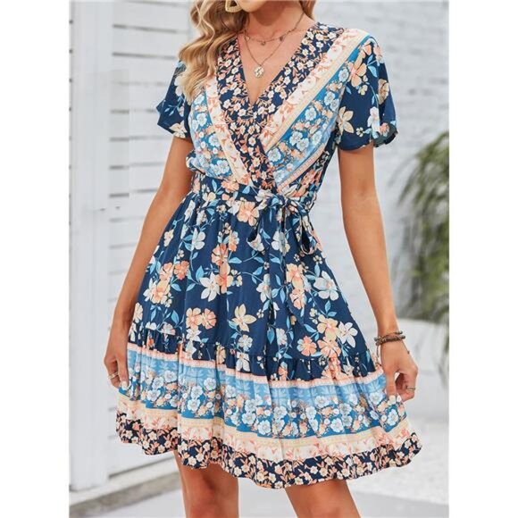 Women's Summer Wrap V-Neck Bohemian Floral Mini Dress – Ruffle Swing A-Line - Picture 2 of 7